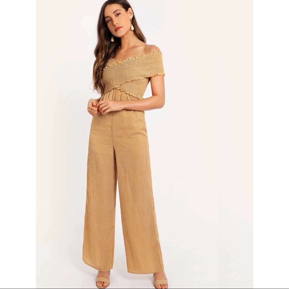 💖HP💖Off Shoulder Smocked Bodice Striped Jumpsuit